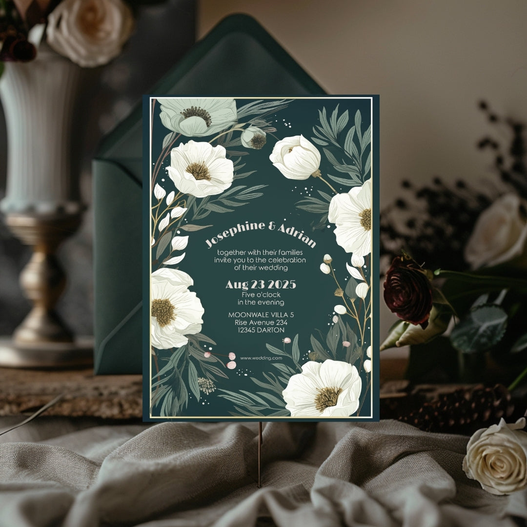 Green Minimalist White Floral Elegance Wedding Invitation