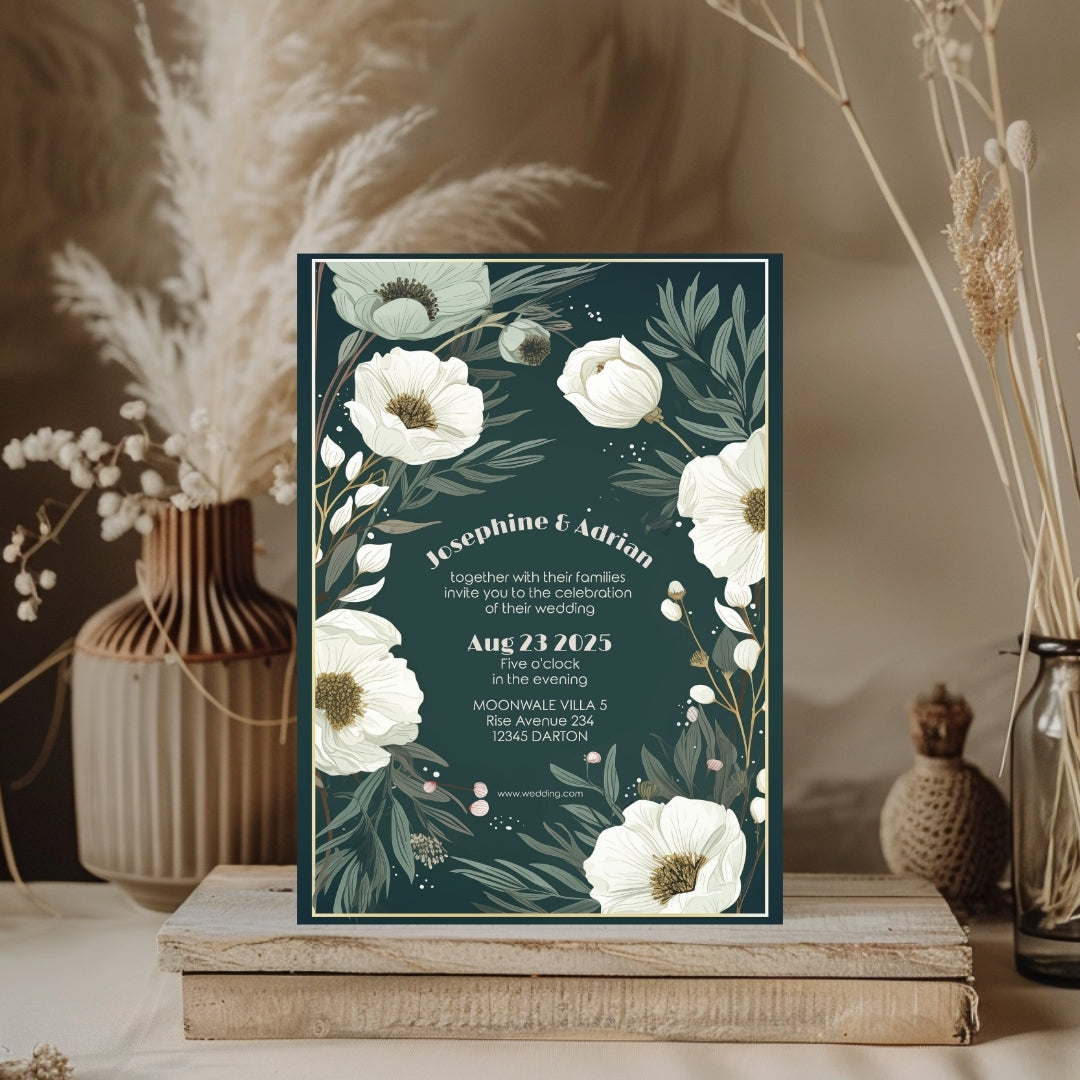 Green Minimalist White Floral Elegance Wedding Invitation