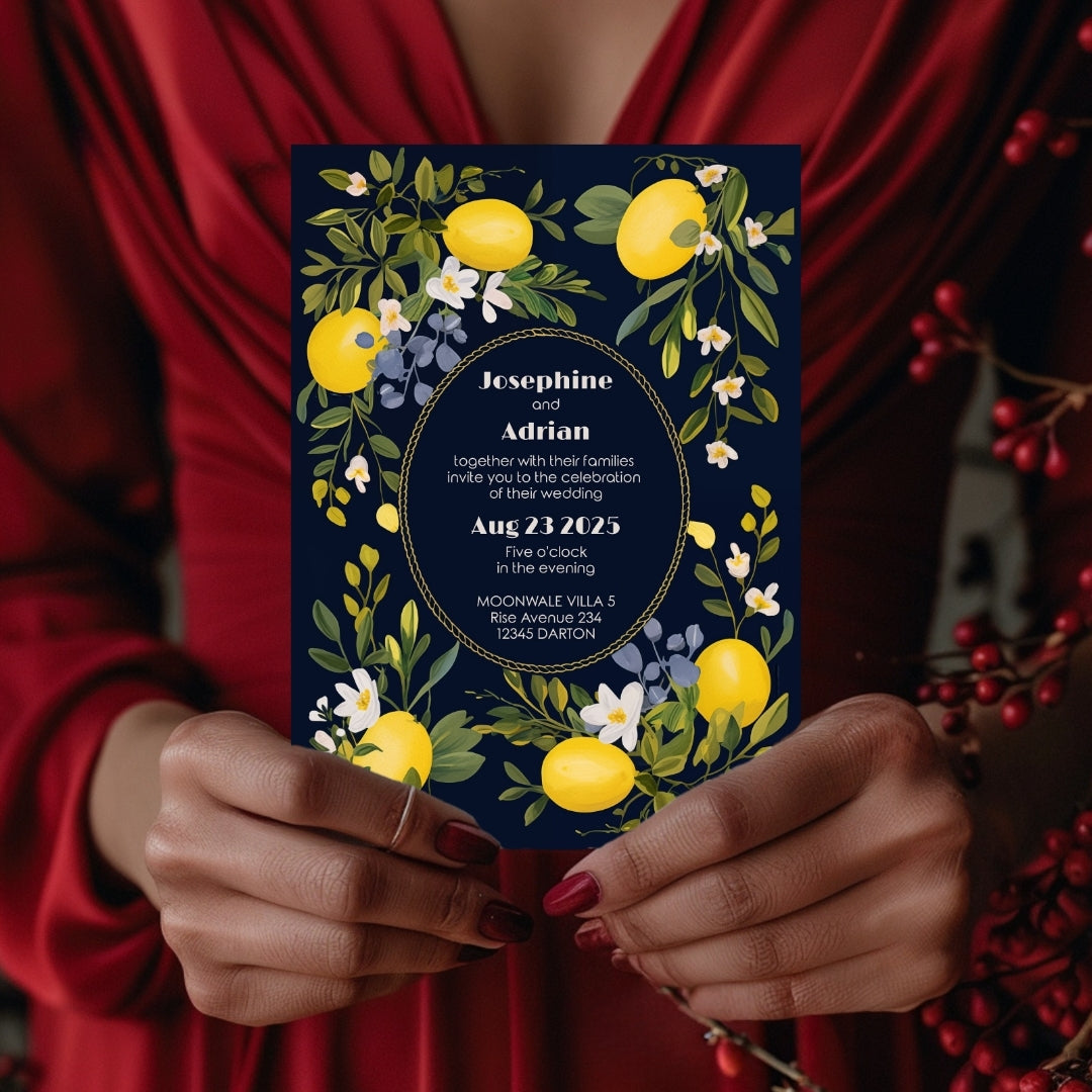 Dark Mediterranean Lemon Frame Wedding Invitation