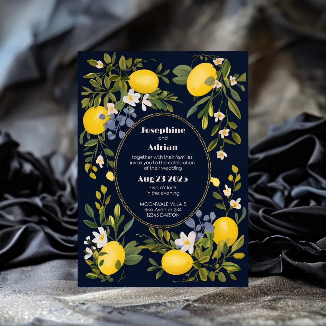 Dark Mediterranean Lemon Frame Wedding Invitation