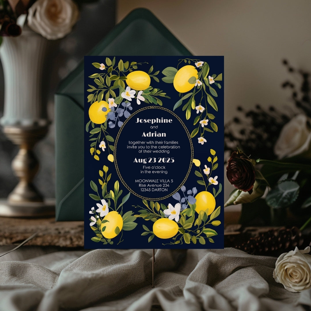 Dark Mediterranean Lemon Frame Wedding Invitation