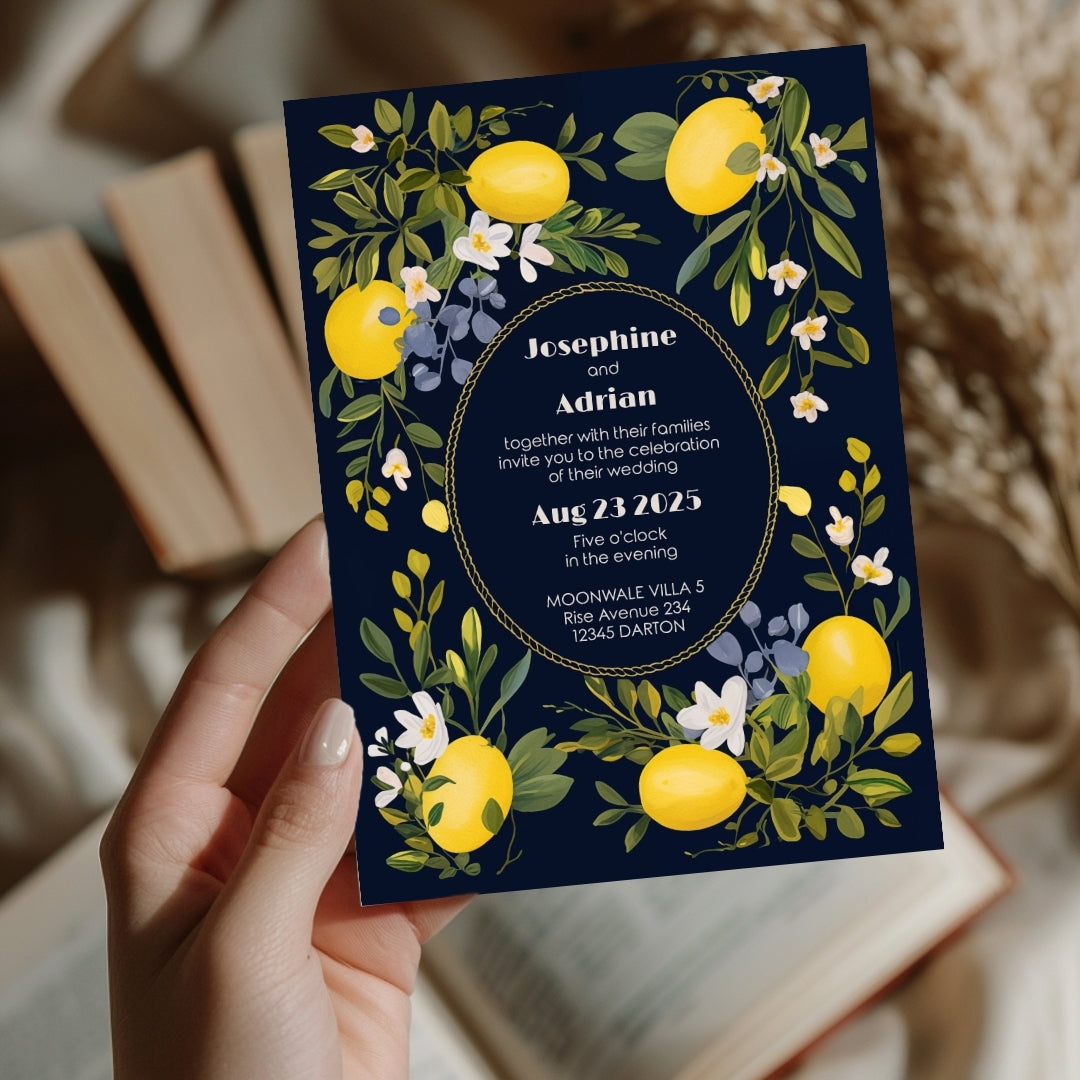 Dark Mediterranean Lemon Frame Wedding Invitation