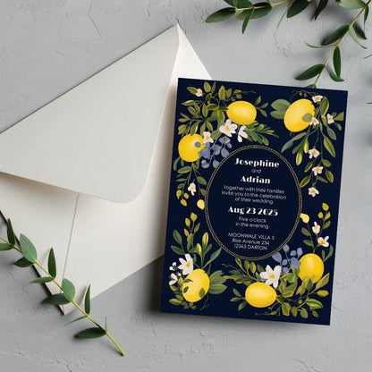 Dark Mediterranean Lemon Frame Wedding Invitation