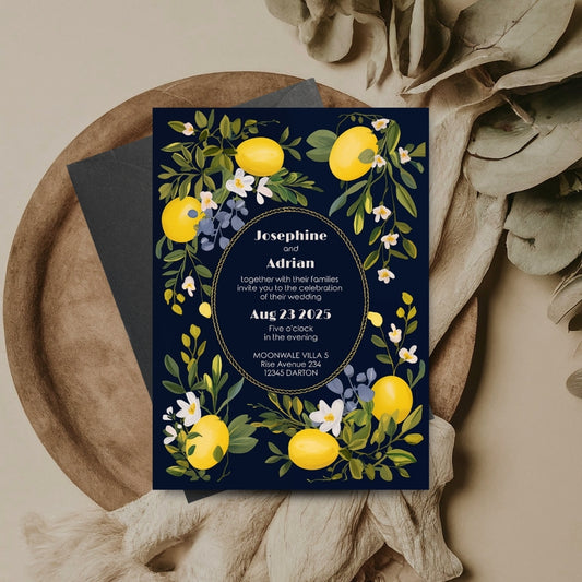 Dark Mediterranean Lemon Frame Wedding Invitation