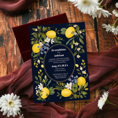 Dark Mediterranean Lemon Frame Wedding Invitation