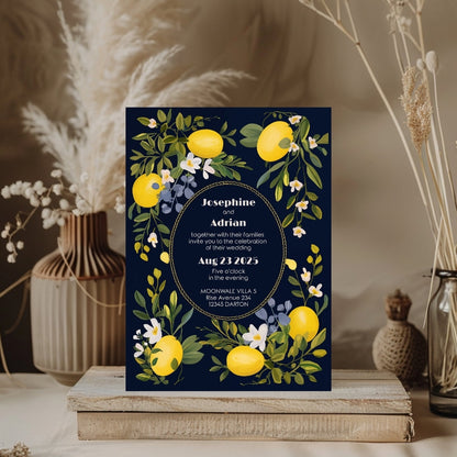 Dark Mediterranean Lemon Frame Wedding Invitation