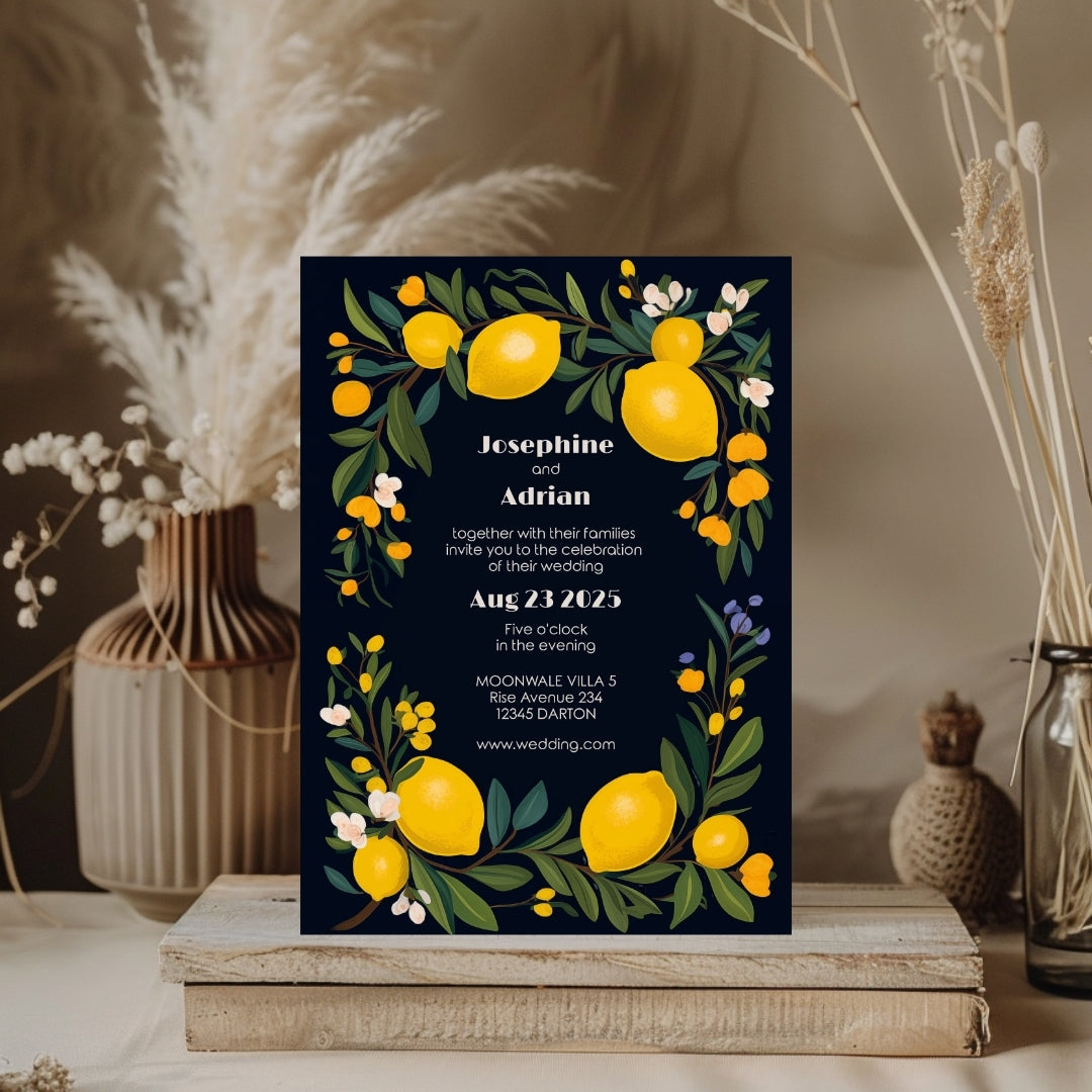 Elegant Dark Mediterranean Lemon Frame Wedding Invitation