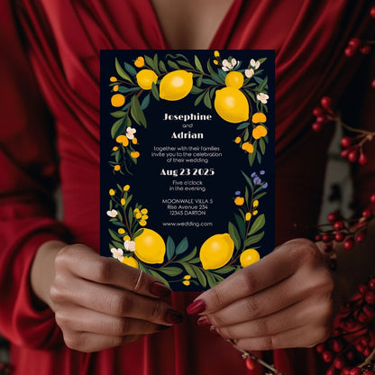 Elegant Dark Mediterranean Lemon Frame Wedding Invitation