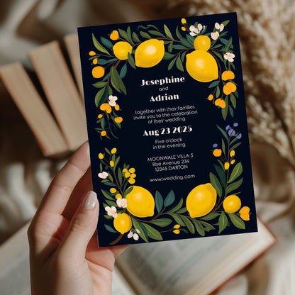 Elegant Dark Mediterranean Lemon Frame Wedding Invitation