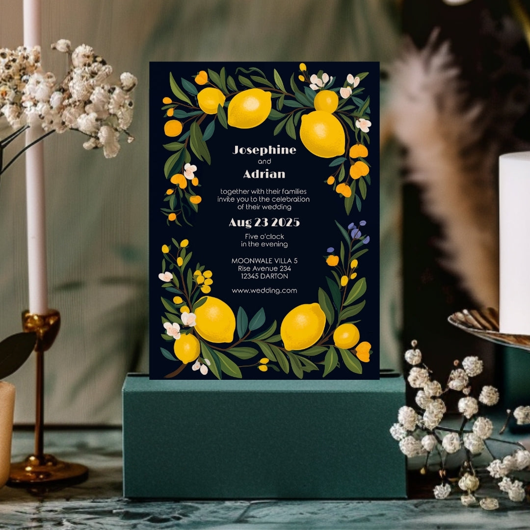 Elegant Dark Mediterranean Lemon Frame Wedding Invitation