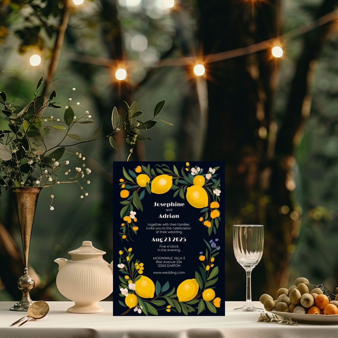 Elegant Dark Mediterranean Lemon Frame Wedding Invitation