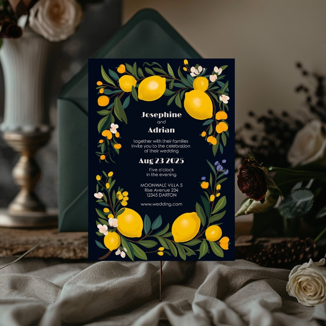 Elegant Dark Mediterranean Lemon Frame Wedding Invitation