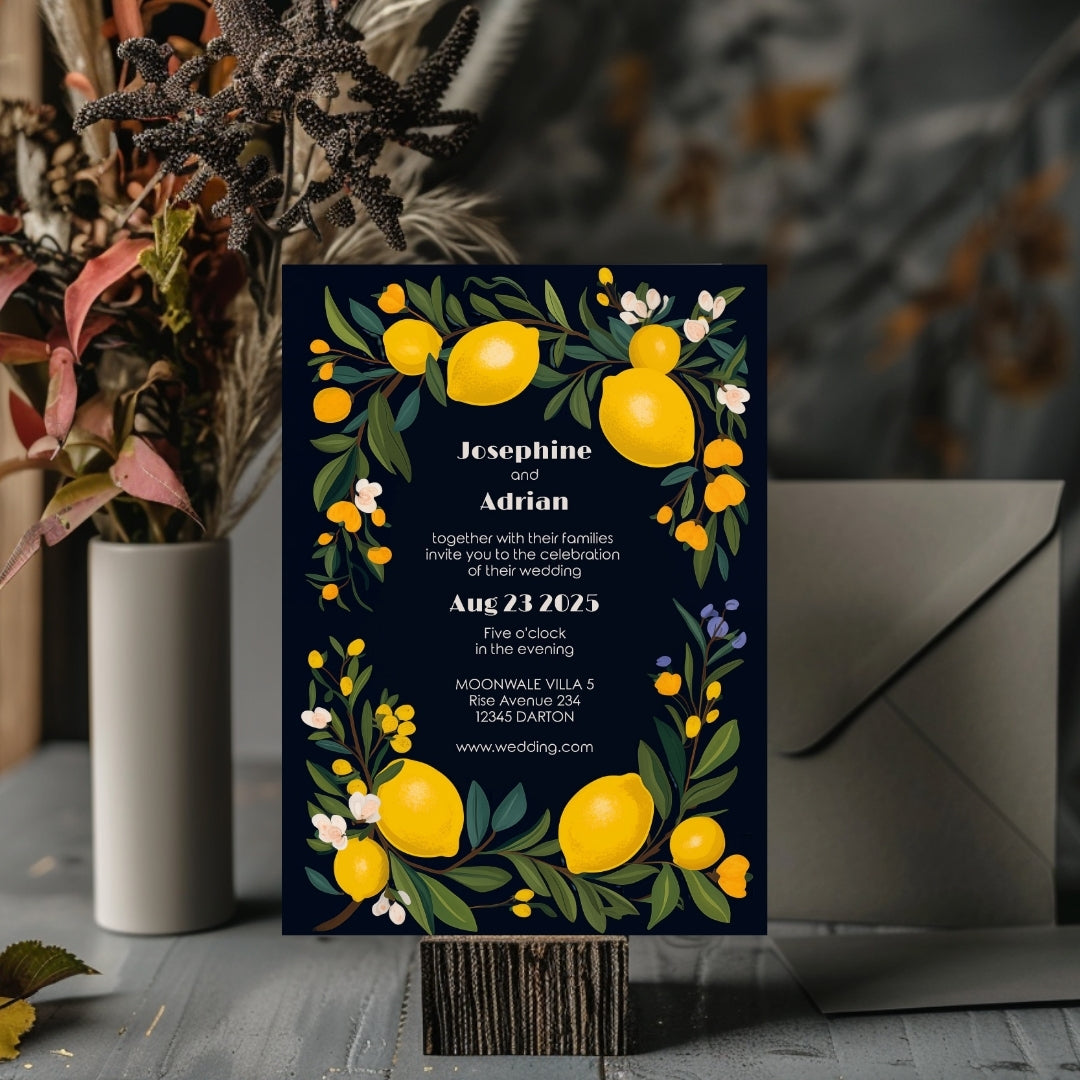 Elegant Dark Mediterranean Lemon Frame Wedding Invitation