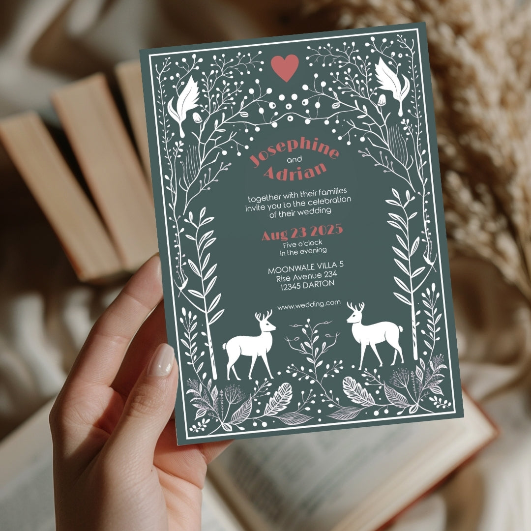 Whimsical Deer Forest Minimalist Wedding Invitation