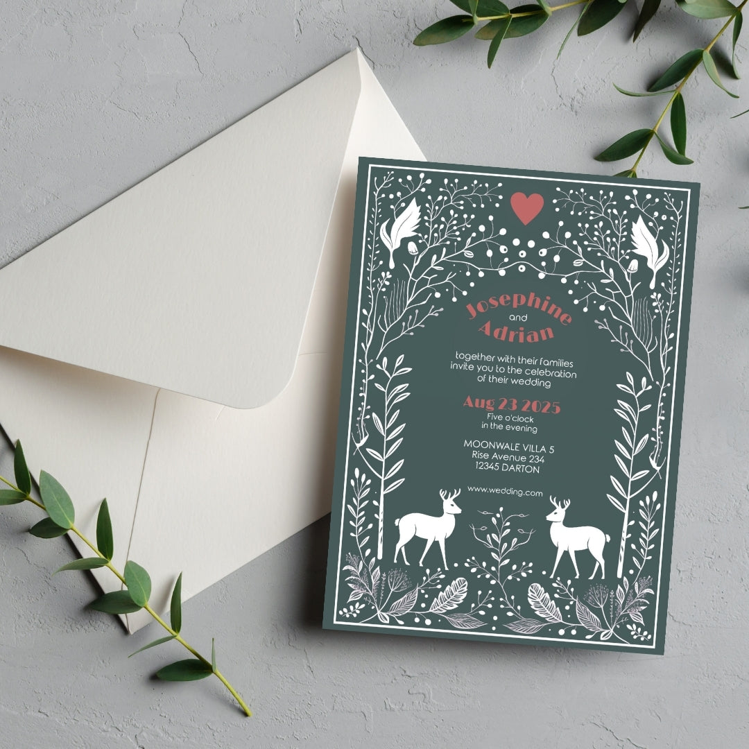 Whimsical Deer Forest Minimalist Wedding Invitation