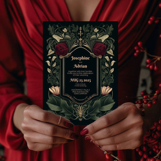 A person in a red outfit holds a dark, floral-themed wedding invitation. The card features intricate illustrations of roses and leaves with the names and event details centered on the invitation.