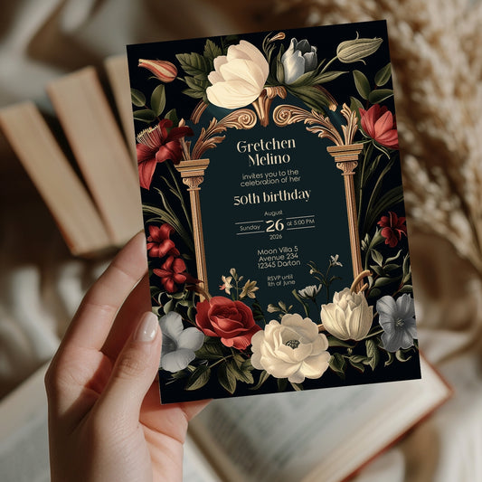 Dark Baroque Floral Birthday Invitation with Gold Arch and Roses