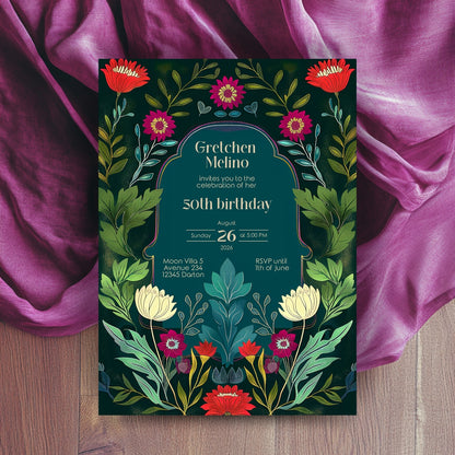 Folk Art Botanical Birthday Invitation - Vibrant Floral Celebration for Any Age