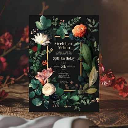 Vintage Botanical Floral Birthday Invitation - Elegant Old Dutch Painting Style