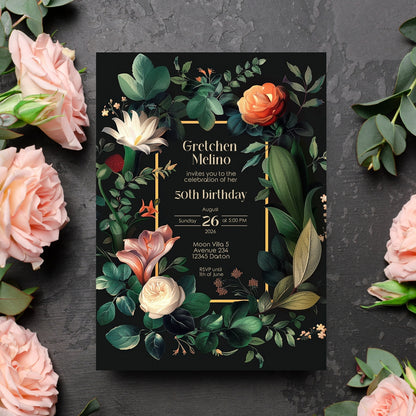 Vintage Botanical Floral Birthday Invitation - Elegant Old Dutch Painting Style