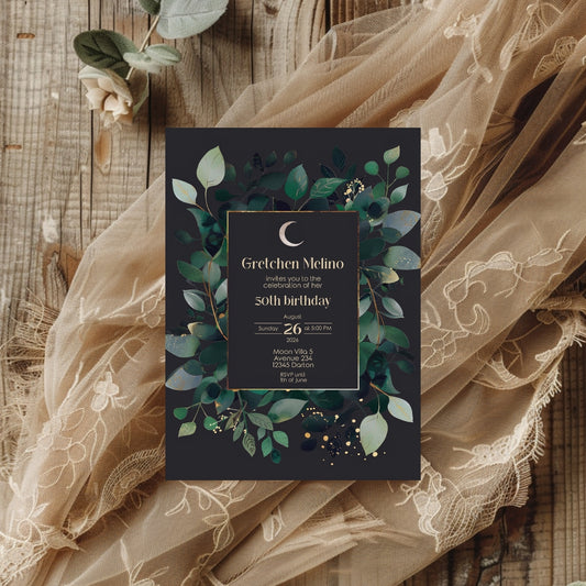 Celestial Moon and Botanical Birthday Invitation