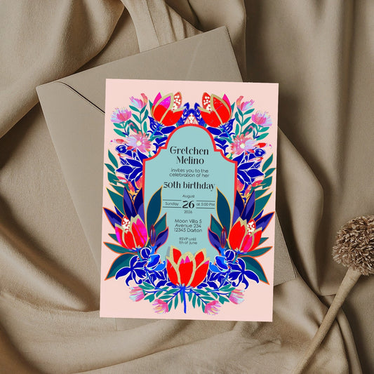 Luxurious Colorful Folk Art Floral Birthday Invitation