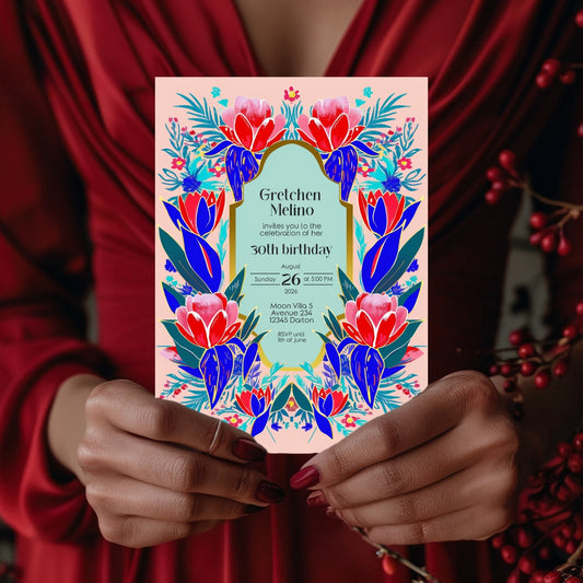 Colorful Boho Floral Folk Birthday Invitation