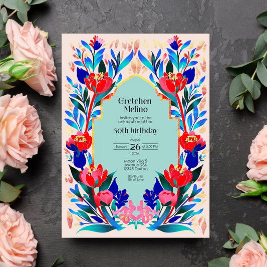 Elegant Modern Floral Folk Art Birthday Invitation