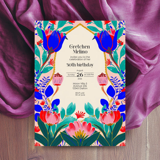 Colorful Floral Folk Art Birthday Invitation