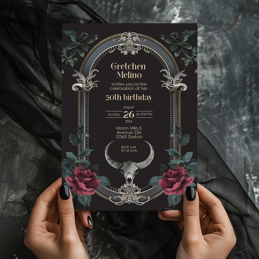 Gothic Baroque Ram Skull Birthday Invitation - Red Roses