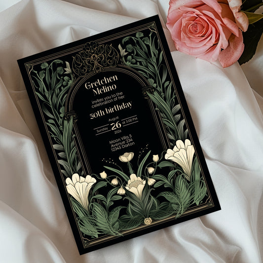 Elegant Botanical Gothic Art Nouveau Birthday Invitation