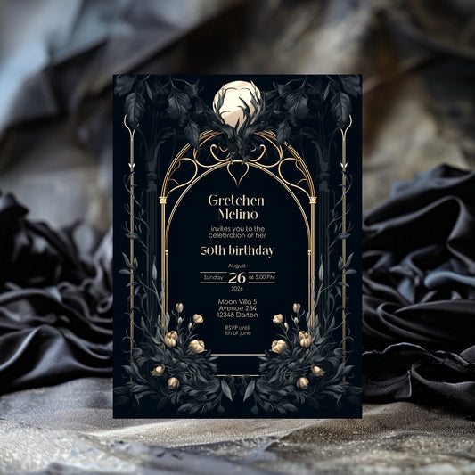 Gothic Floral Arch and Moon Birthday Invitation