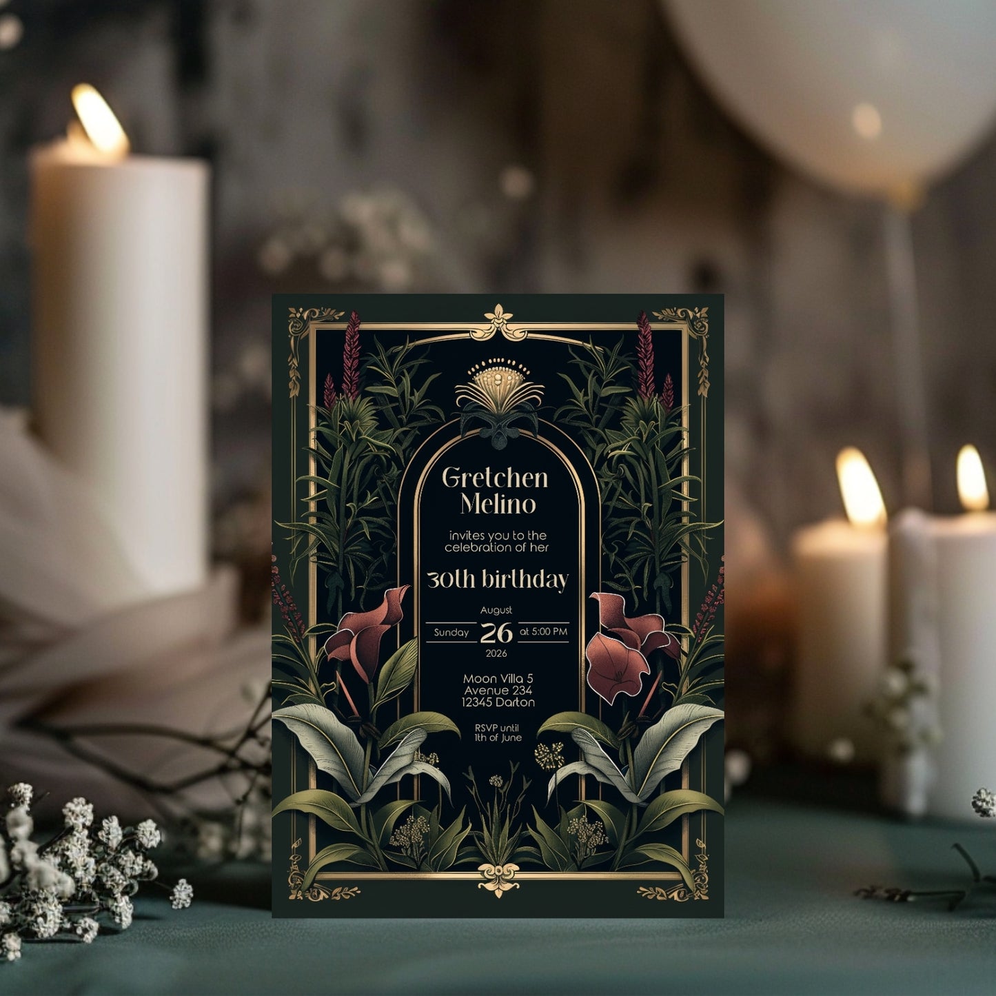 Dark Academia Art Deco Birthday Invitation - Elegant Gothic Flowers Celebration