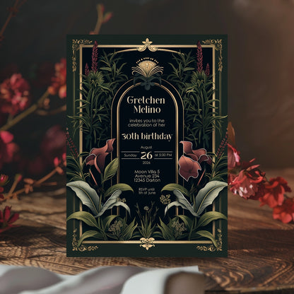 Dark Academia Art Deco Birthday Invitation - Elegant Gothic Flowers Celebration