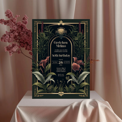 Dark Academia Art Deco Birthday Invitation - Elegant Gothic Flowers Celebration