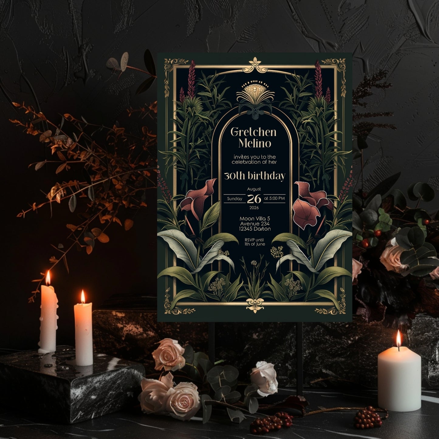 Dark Academia Art Deco Birthday Invitation - Elegant Gothic Flowers Celebration