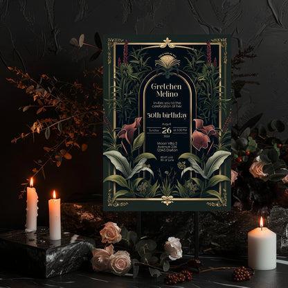 Dark Academia Art Deco Birthday Invitation - Elegant Gothic Flowers Celebration