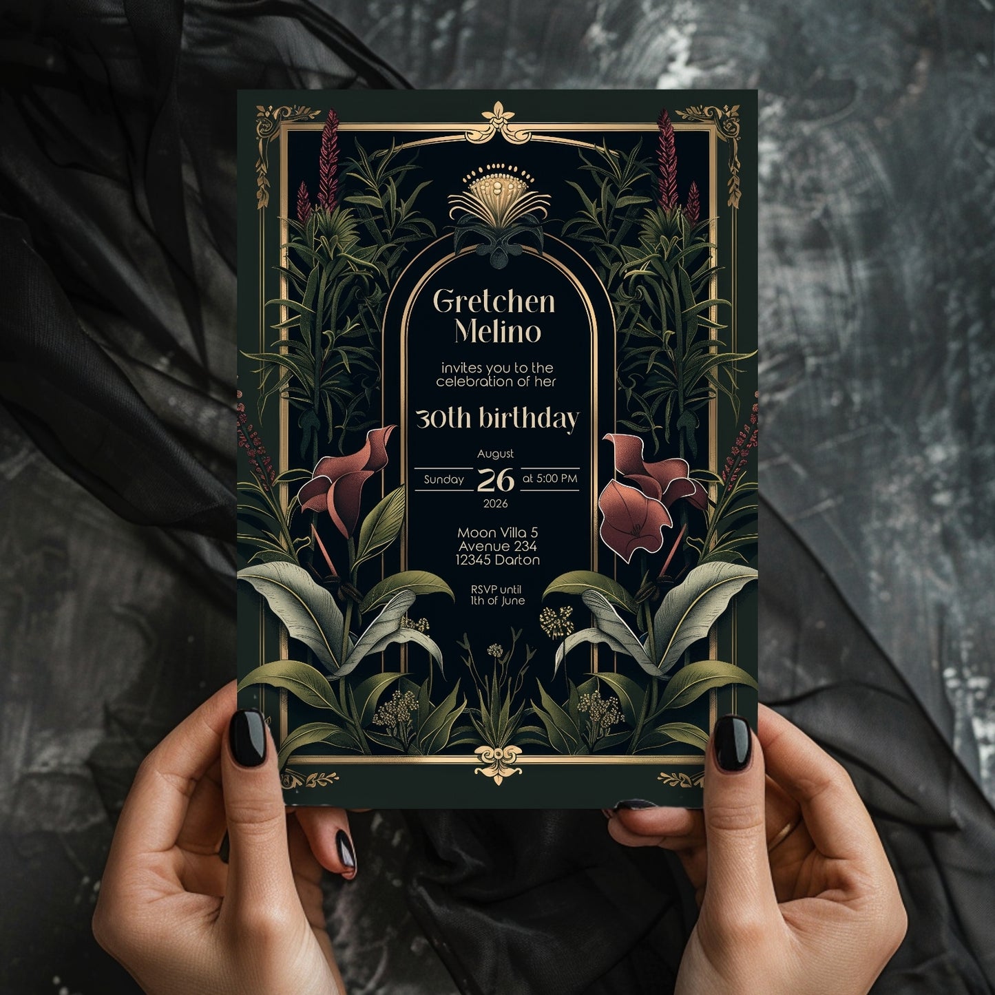 Dark Academia Art Deco Birthday Invitation - Elegant Gothic Flowers Celebration