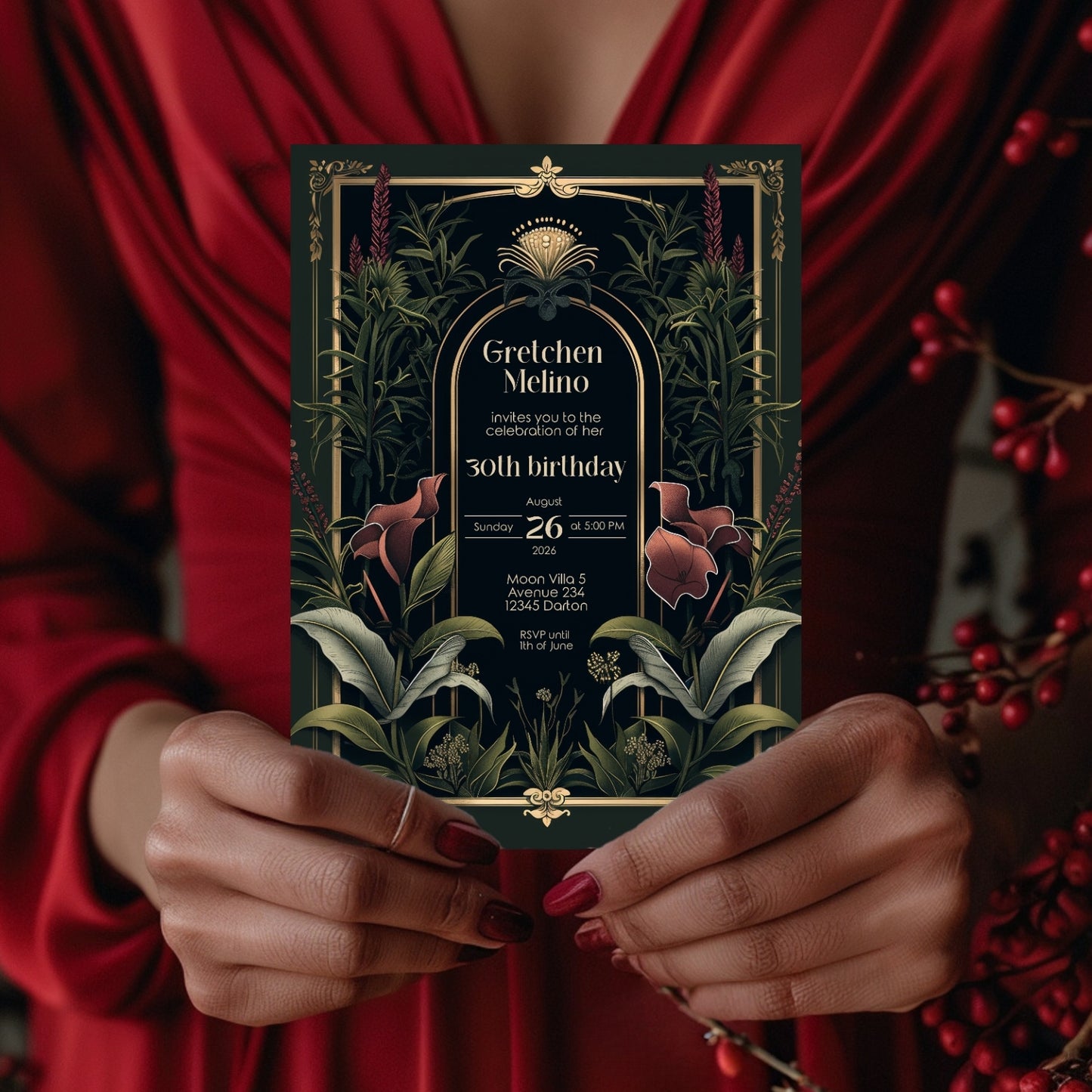 Dark Academia Art Deco Birthday Invitation - Elegant Gothic Flowers Celebration