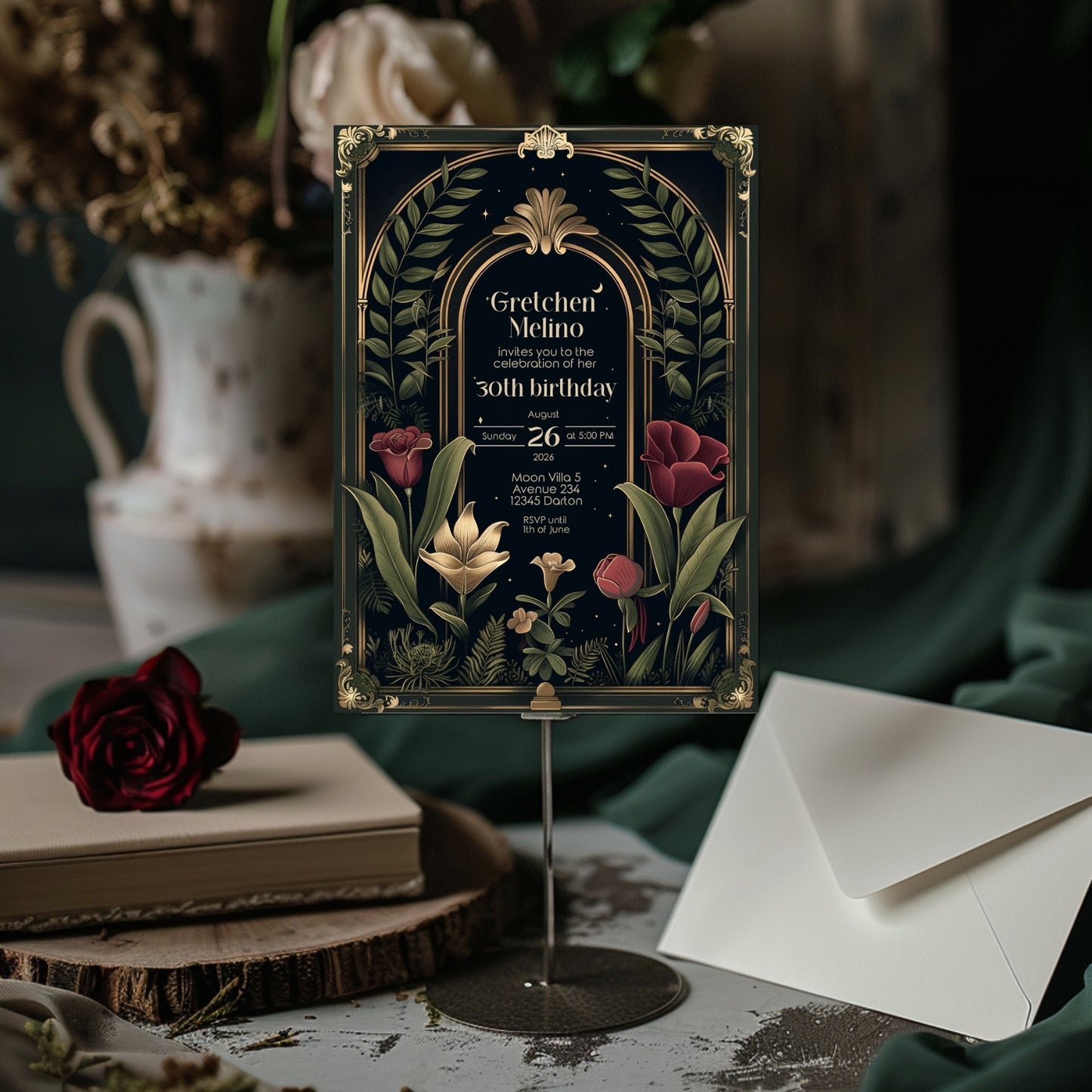 Dark Academia Art Deco Birthday Invitation - Elegant Gothic Celebration