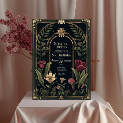 Dark Academia Art Deco Birthday Invitation - Elegant Gothic Celebration