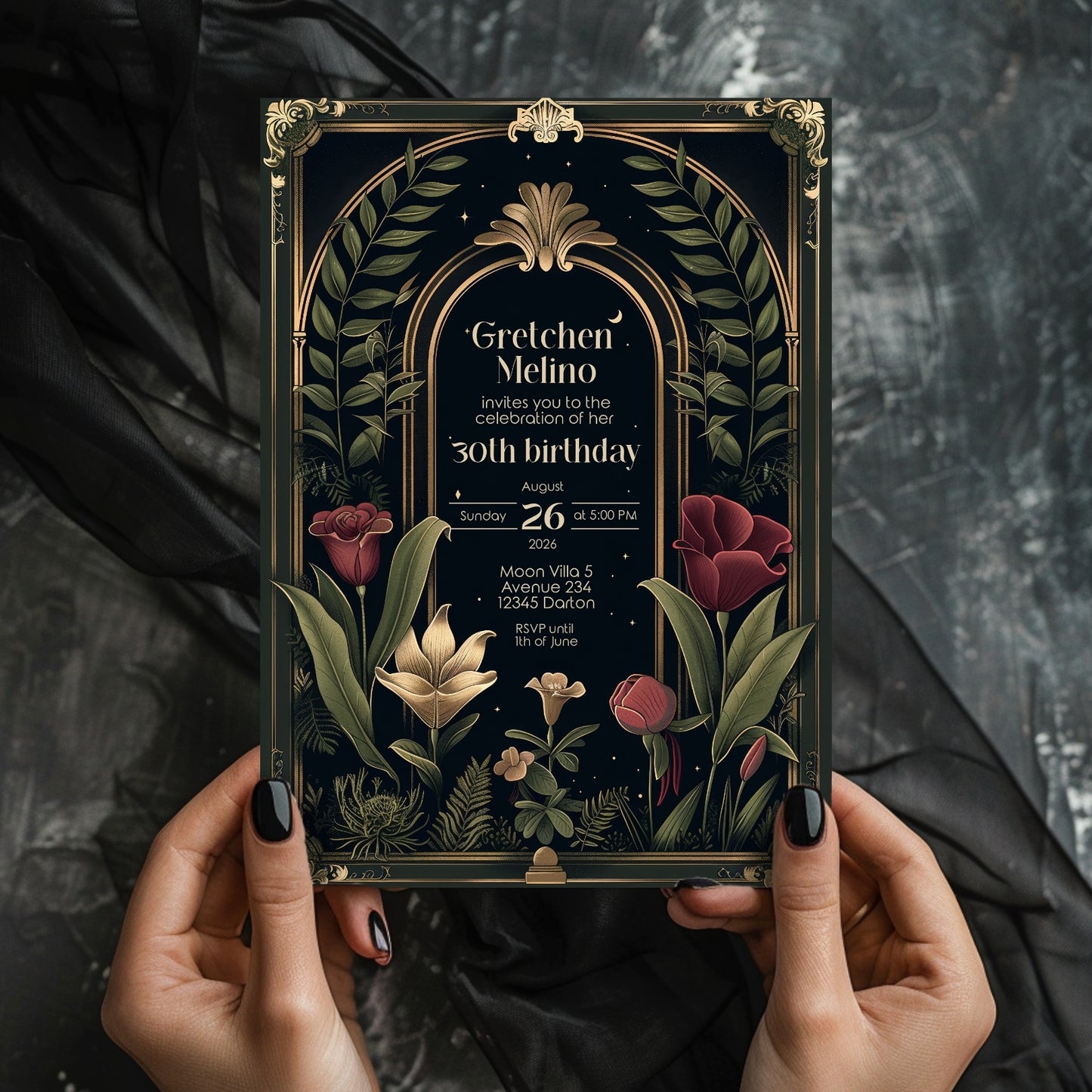 Dark Academia Art Deco Birthday Invitation - Elegant Gothic Celebration