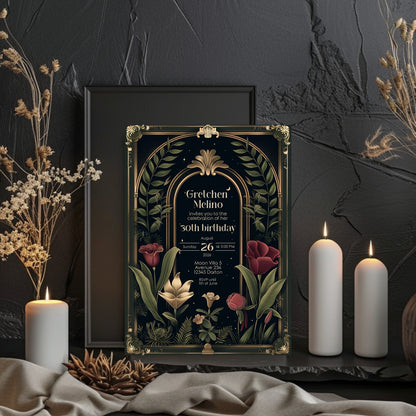 Dark Academia Art Deco Birthday Invitation - Elegant Gothic Celebration