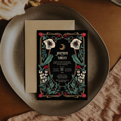 Celestial Gothic Red Floral Wedding Invitation