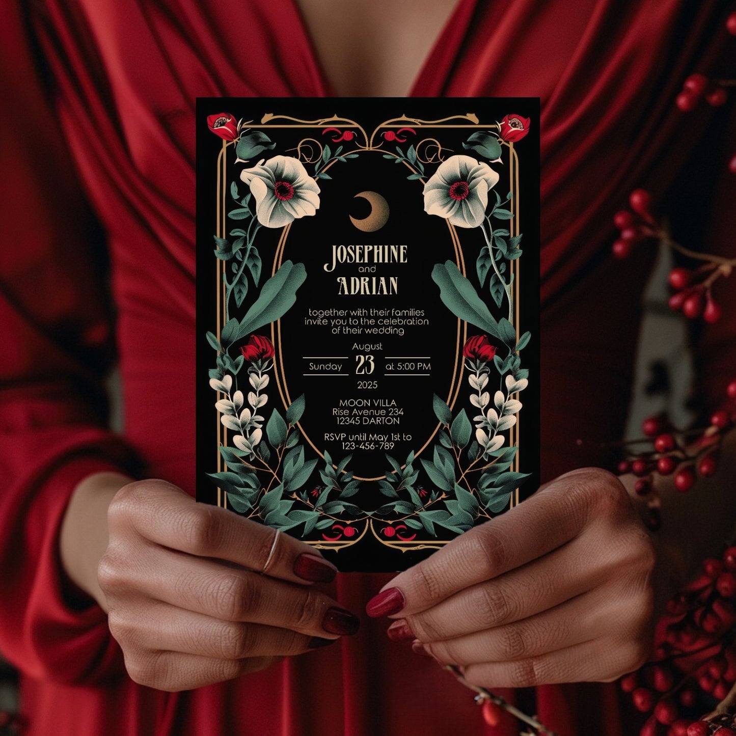 Celestial Gothic Red Floral Wedding Invitation