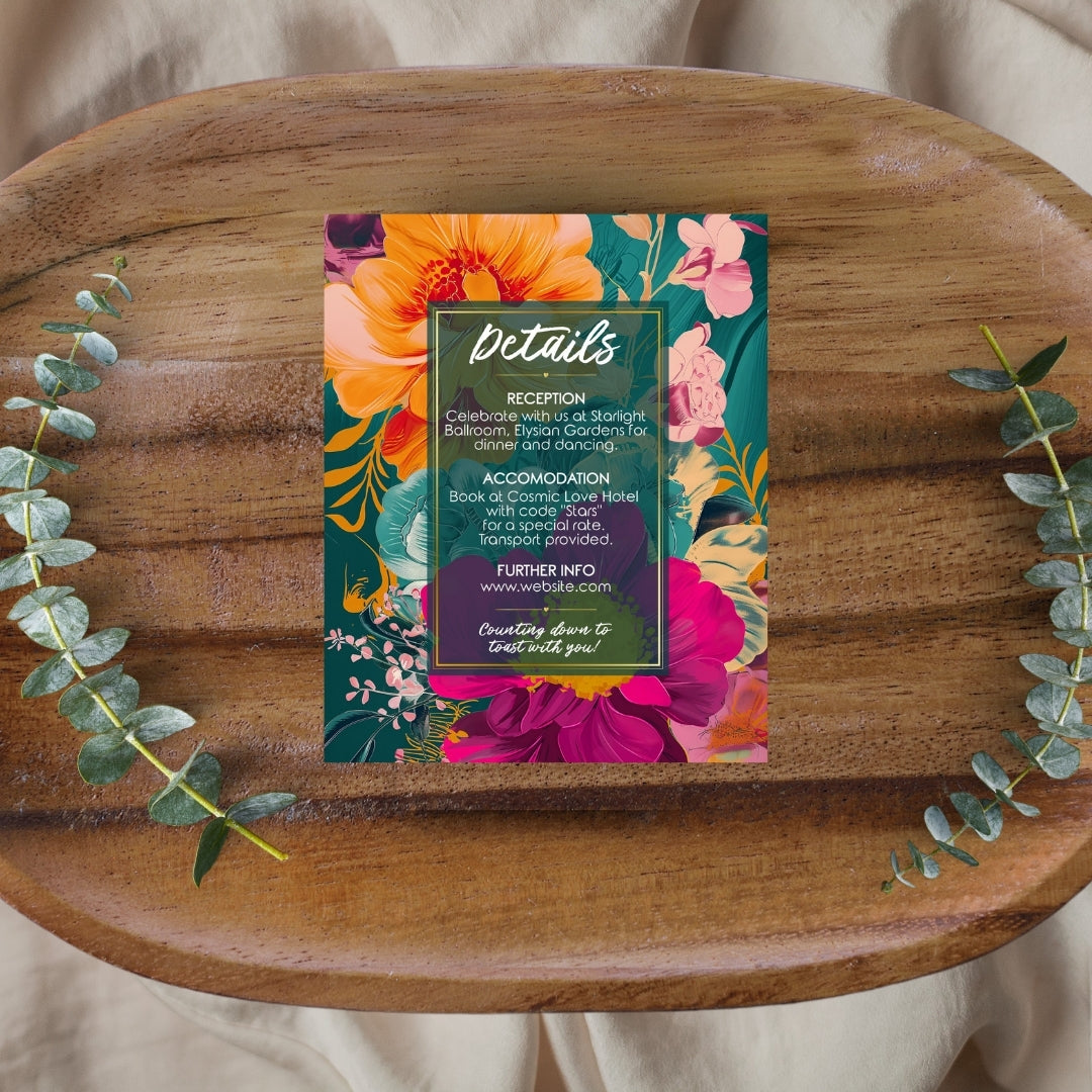 Colorful Tropical Teal Elegance Wedding Invitation Set - 5x7 Invitation, 4x5 Details, 3.5.x5 RSVP