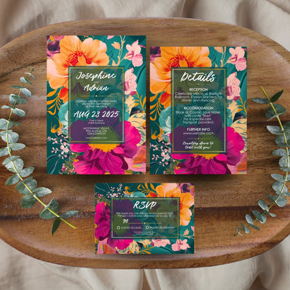 Colorful Tropical Teal Elegance Wedding Invitation Set - 5x7 Invitation, 4x5 Details, 3.5.x5 RSVP