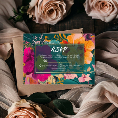 Colorful Tropical Teal Elegance Wedding Invitation Set - 5x7 Invitation, 4x5 Details, 3.5.x5 RSVP