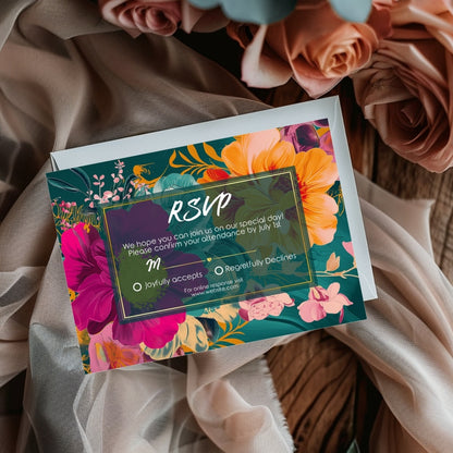 Colorful Tropical Teal Elegance Wedding Invitation Set - 5x7 Invitation, 4x5 Details, 3.5.x5 RSVP