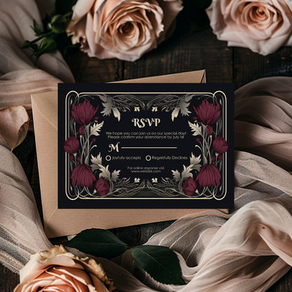 Gothic Burgundy Floral Wedding Invitation Set - 5x7 Invitation, 4x7 Details, 3.5.x5 RSVP